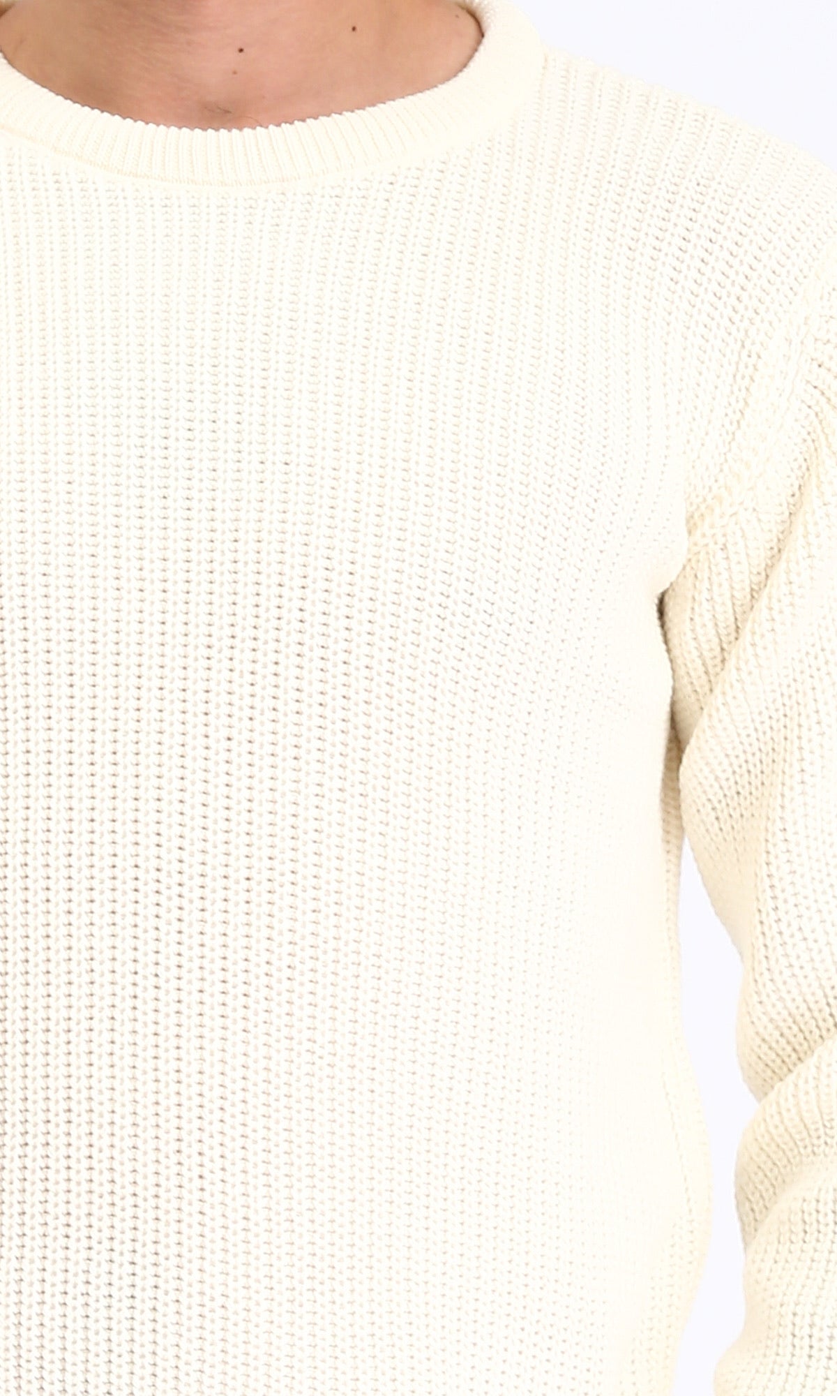 Cream Ribbed Crew Neck Tricot Pullover - R211728