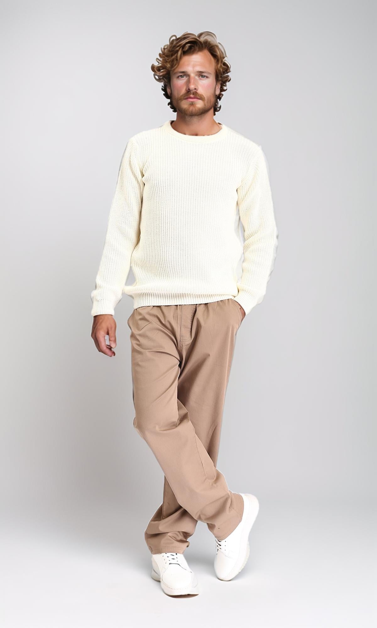 R211728 - Ribbed Round Neck Knitted Pullover - Cream