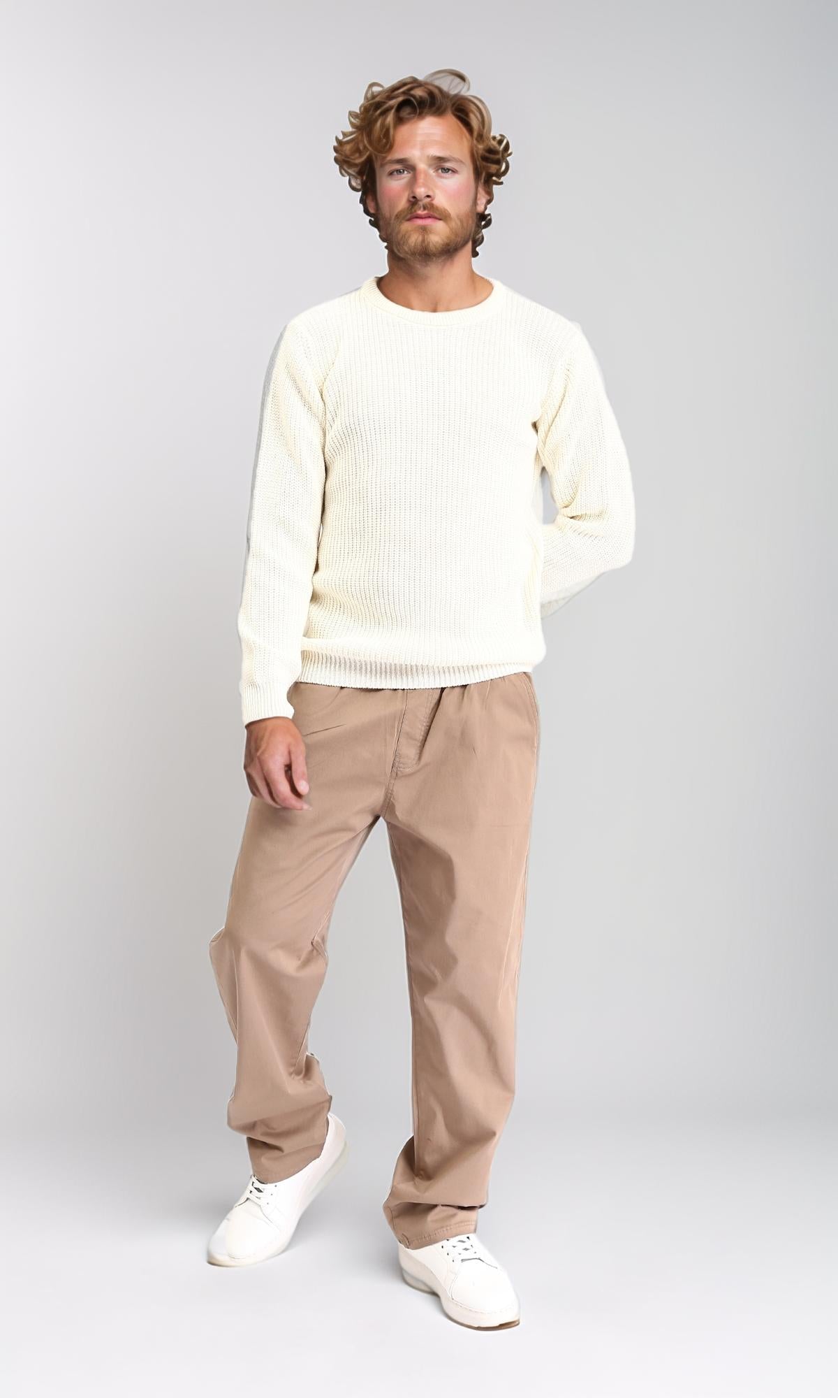 R211728 - Ribbed Round Neck Knitted Pullover - Cream