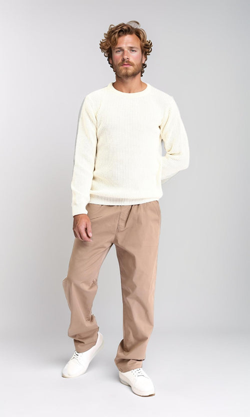 Cream Ribbed Crew Neck Tricot Pullover - R211728