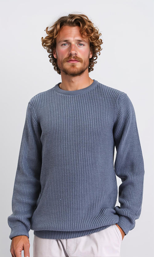 Ribbed Round Neck Knitted Pullover - Dusty Blue