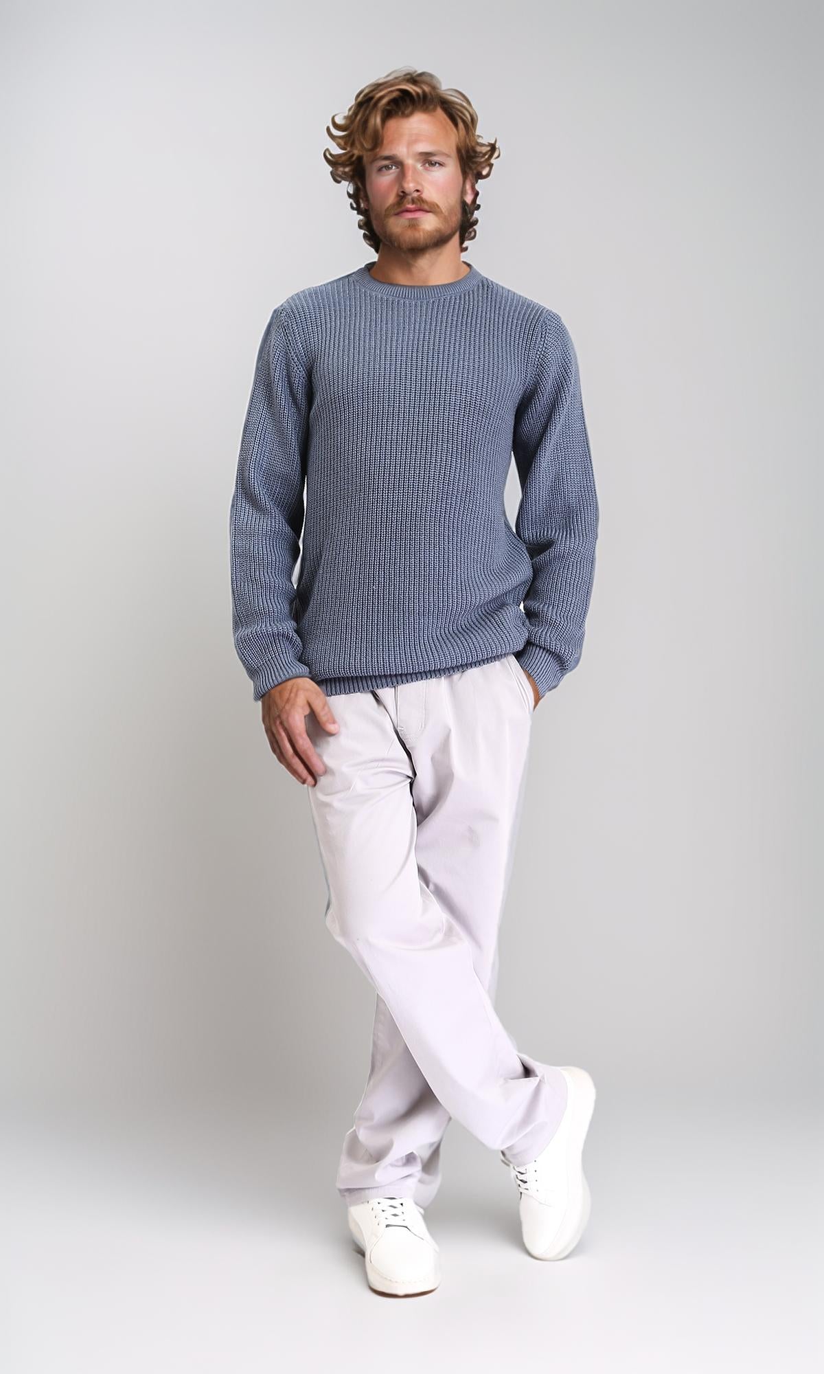 R211731 - Ribbed Round Neck Knitted Pullover - Dusty Blue