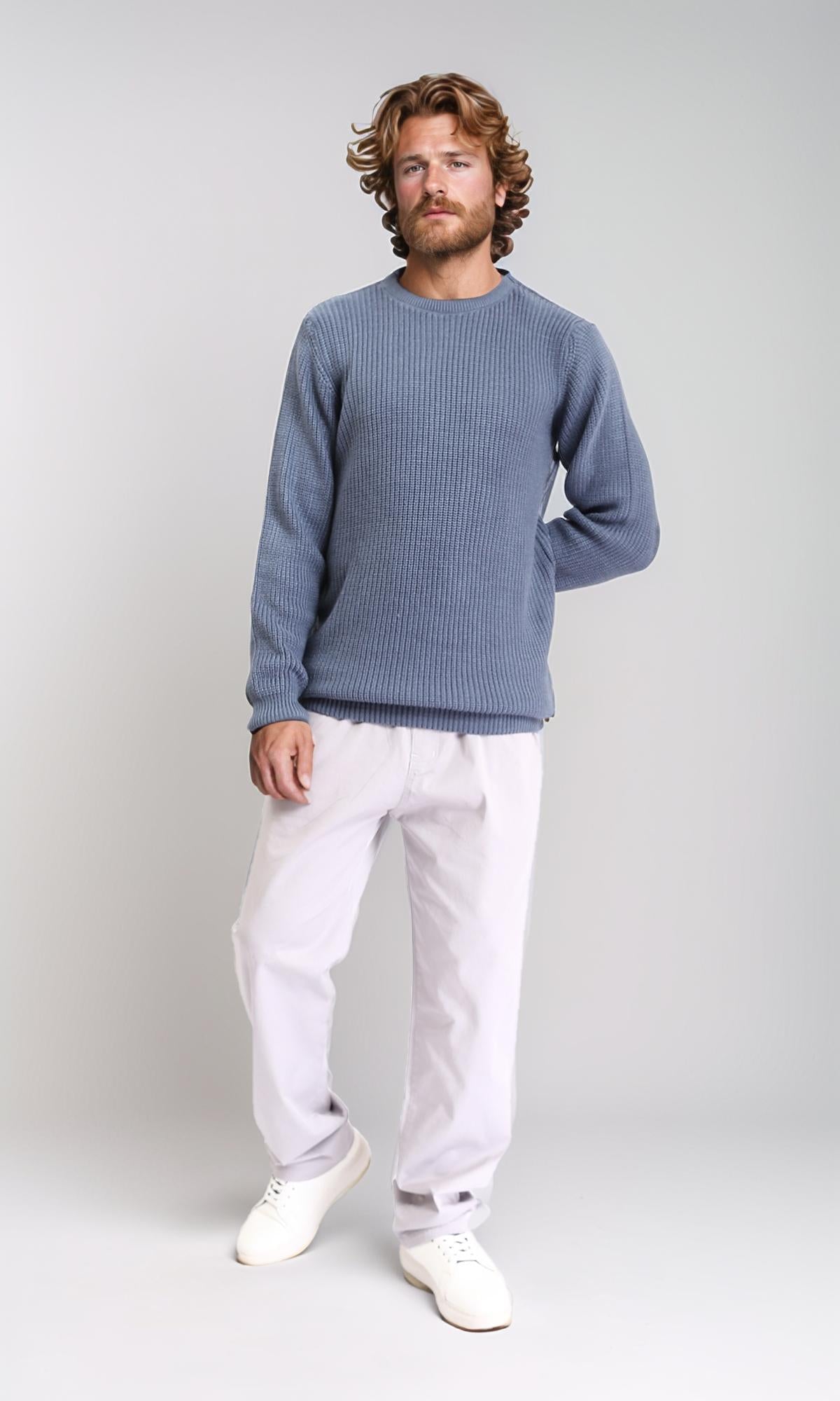 R211731 - Ribbed Round Neck Knitted Pullover - Dusty Blue