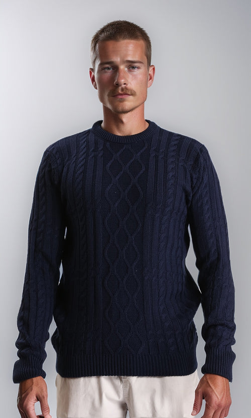 R211732 - Knitted Round Neck Winter Pullover - Navy Blue