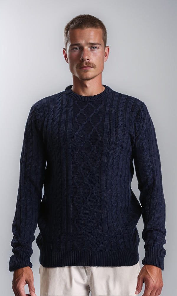 R211732 - Knitted Round Neck Winter Pullover - Navy Blue