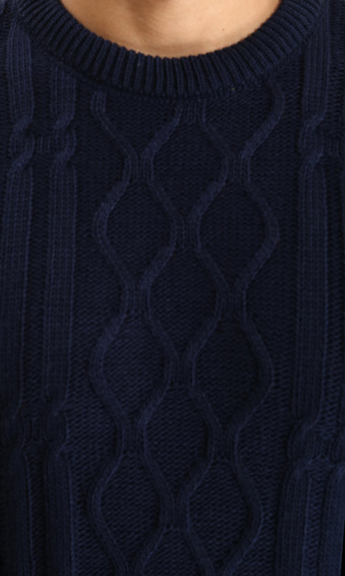 R211732 - Knitted Round Neck Winter Pullover - Navy Blue