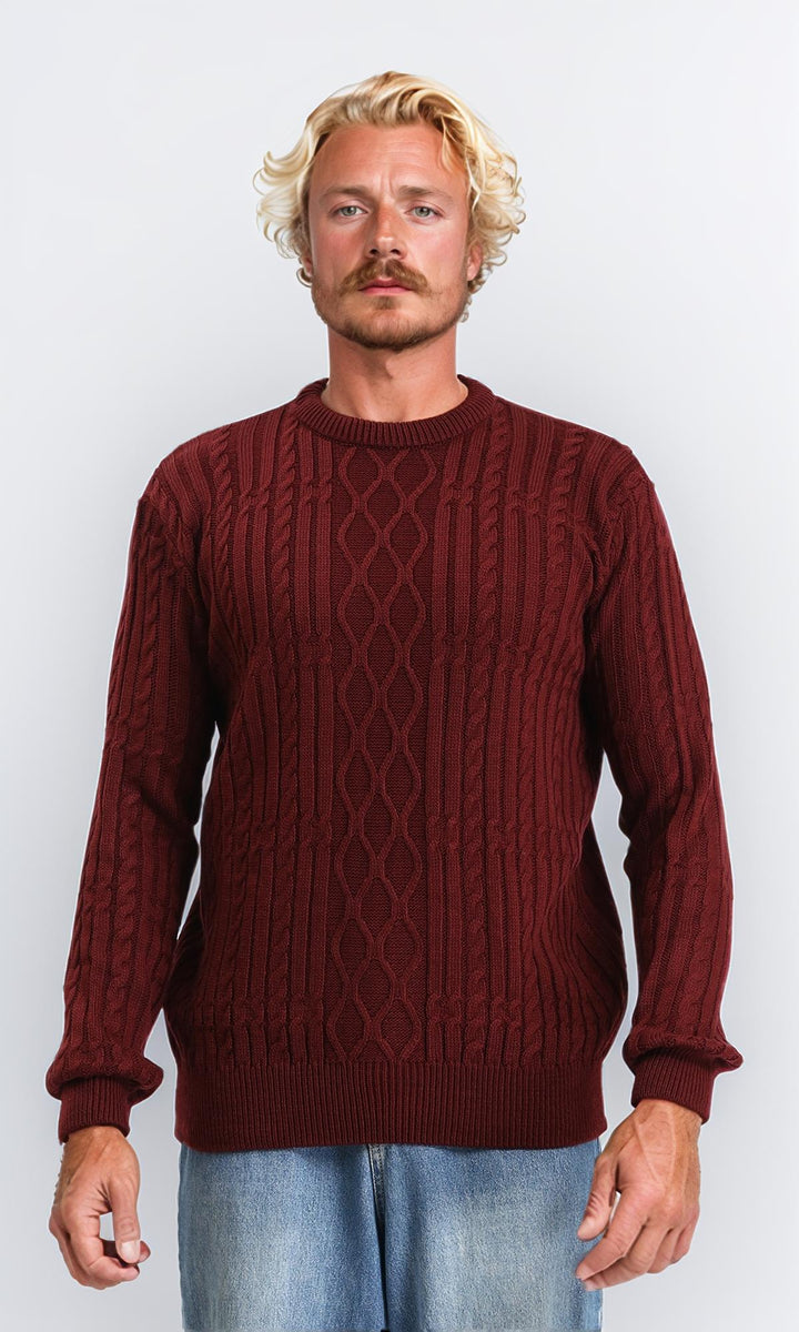 Knitted Round Neck Winter Pullover - Burgundy