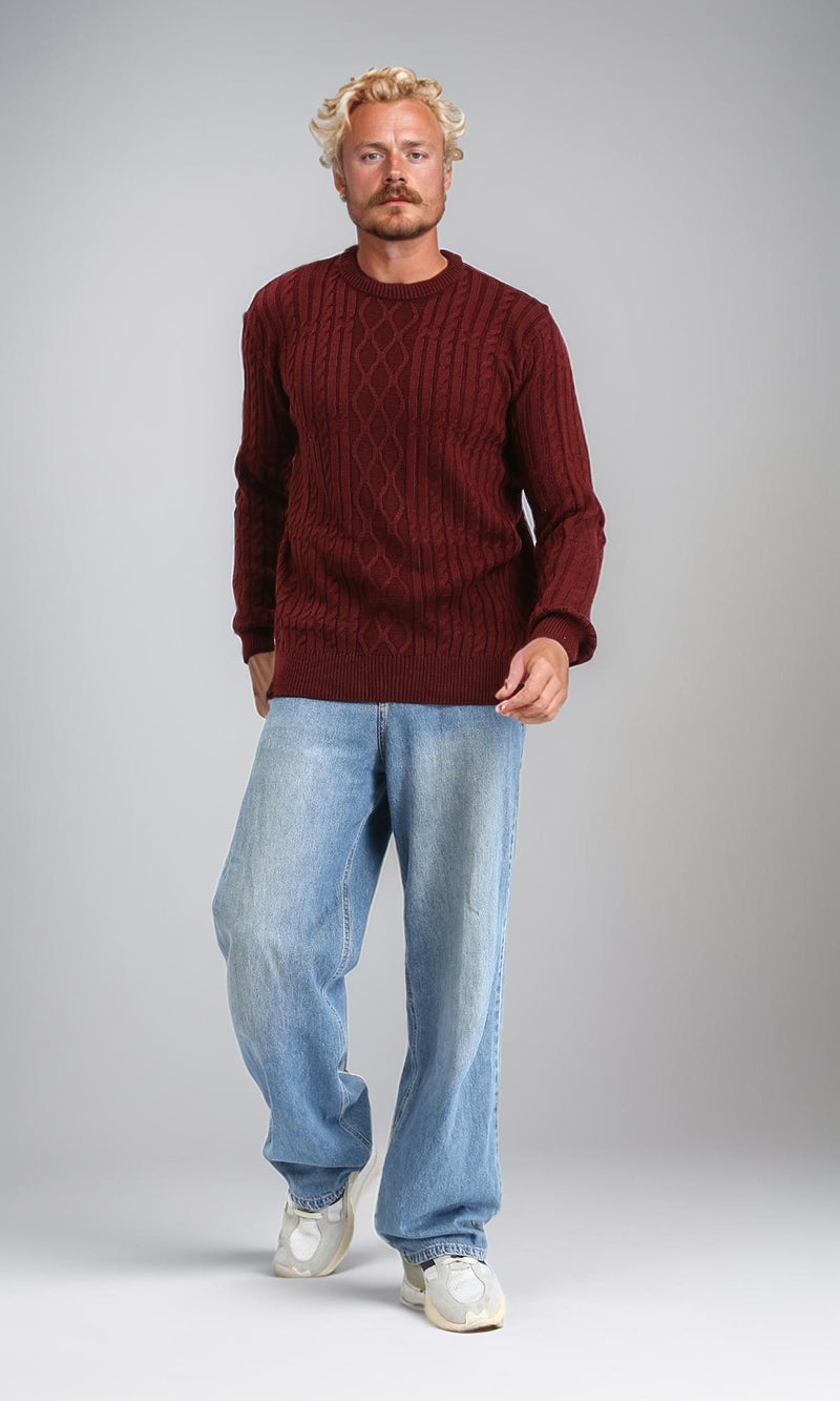 R211733 - Knitted Round Neck Winter Pullover - Burgundy