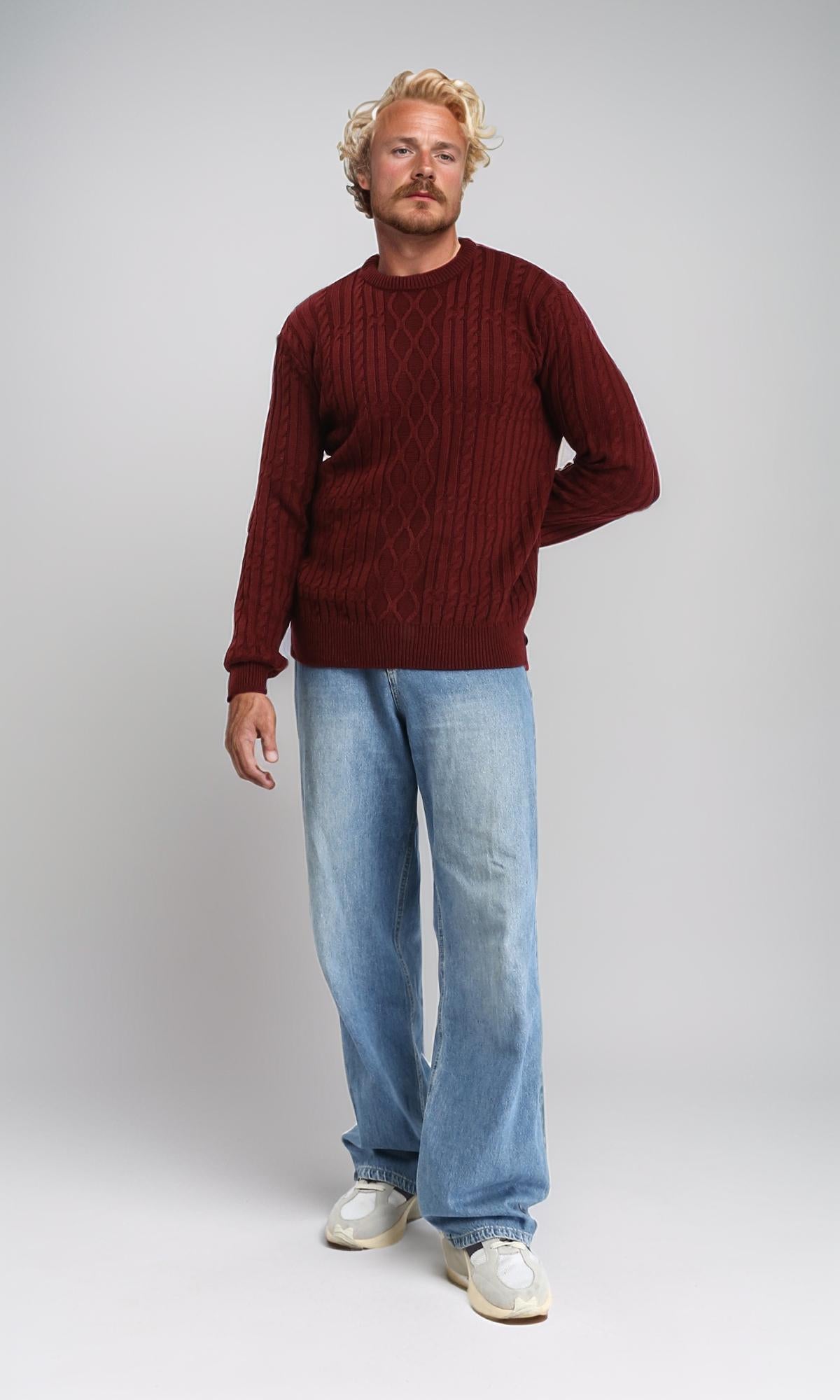 R211733 - Knitted Round Neck Winter Pullover - Burgundy