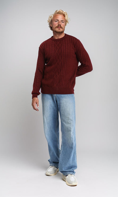 R211733 - Knitted Round Neck Winter Pullover - Burgundy