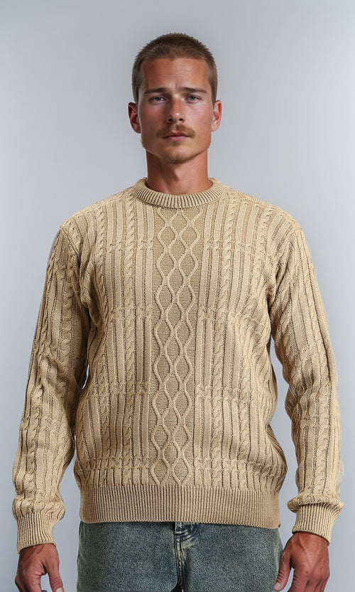 R211735 - Knitted Round Neck Winter Pullover - Dark Beige