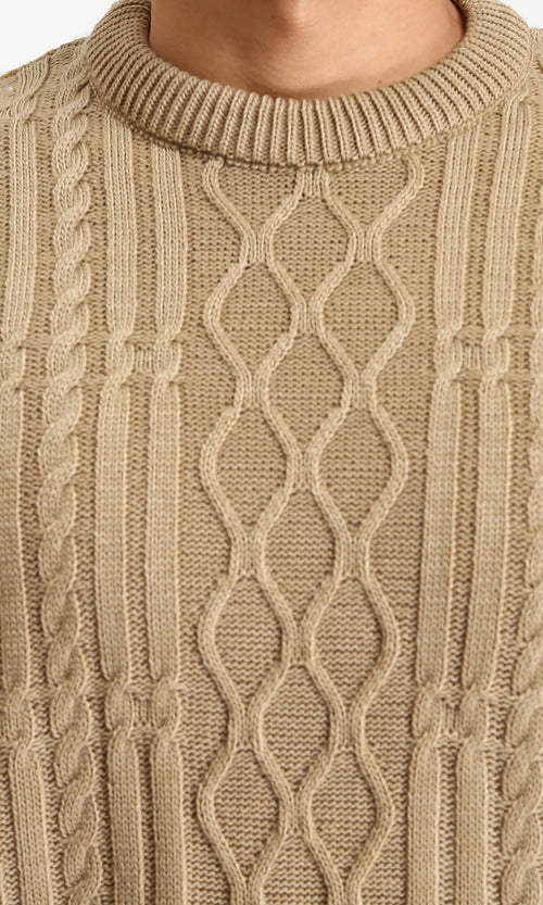 R211735 - Knitted Round Neck Winter Pullover - Dark Beige