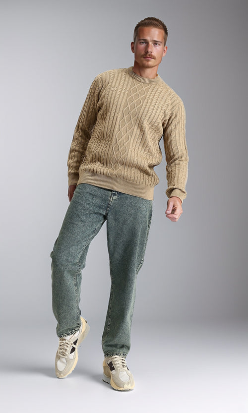 R211735 - Knitted Round Neck Winter Pullover - Dark Beige