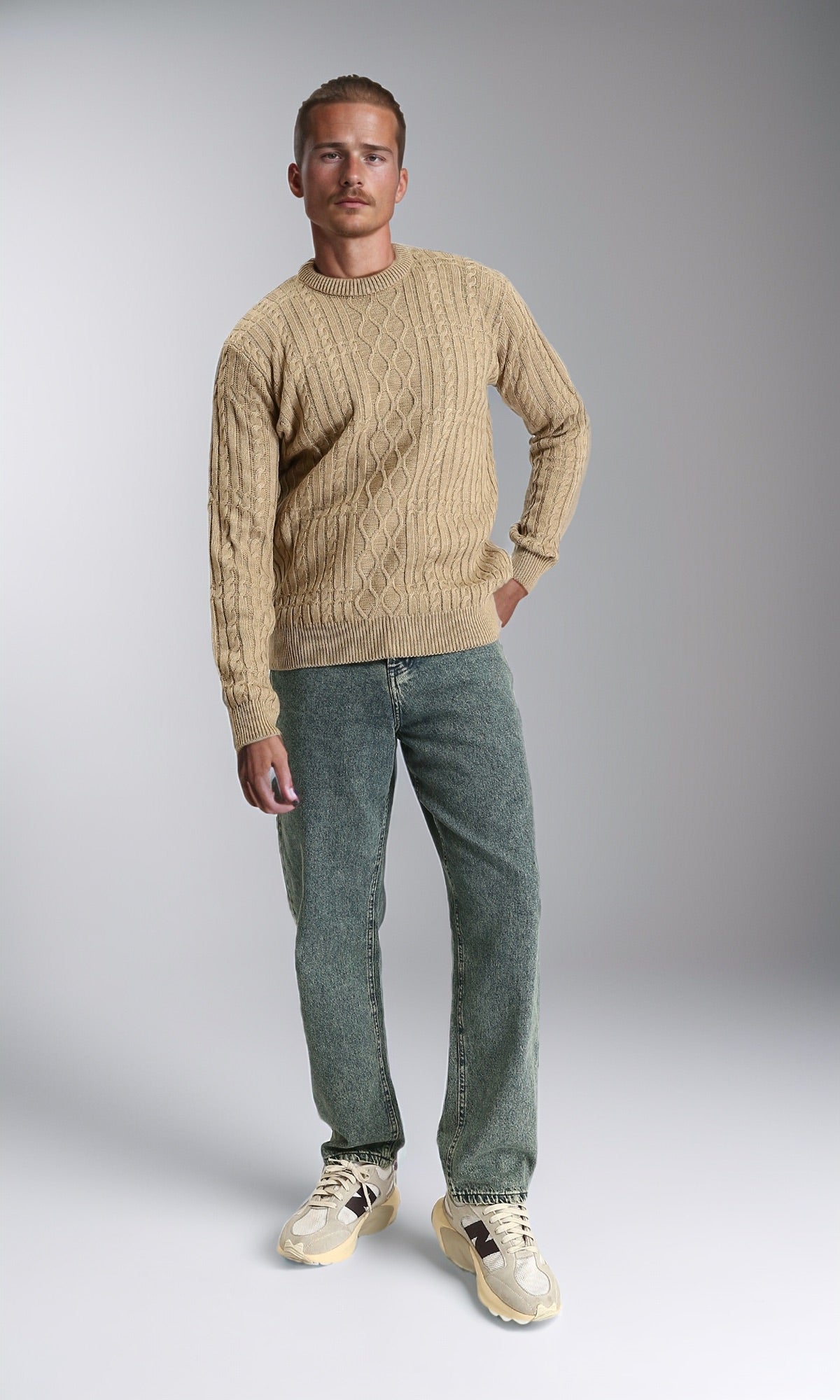 Dark Beige Knitted Cable Knit Pullover - R211735