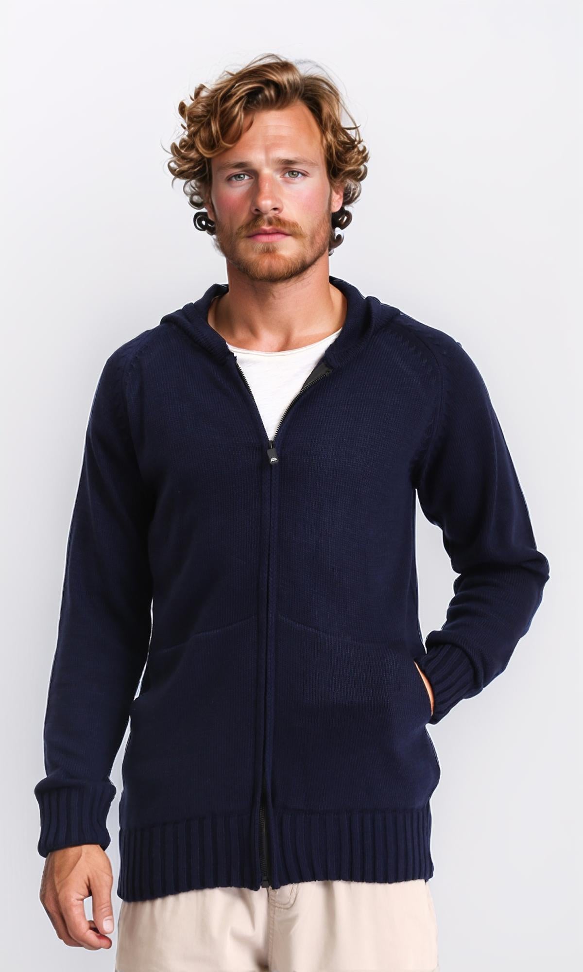 Hooded Neck Full Zipper Knitted Sweater - Navy Blue