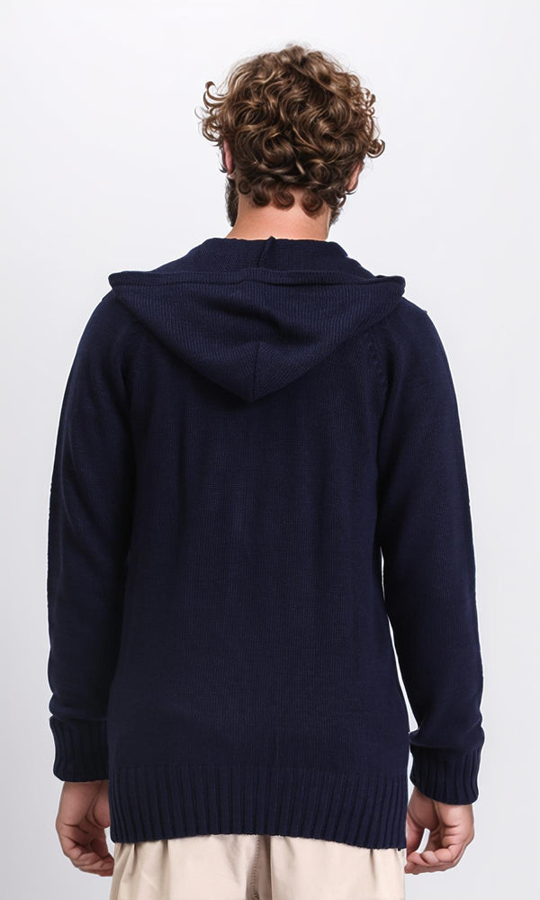 R211737 - Hooded Neck Full Zipper Knitted Sweater - Navy Blue