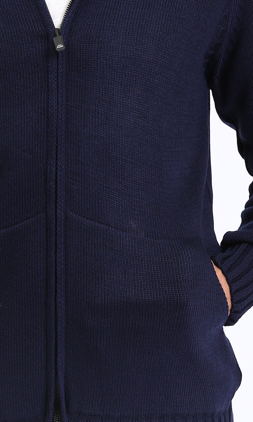 R211737 - Hooded Neck Full Zipper Knitted Sweater - Navy Blue