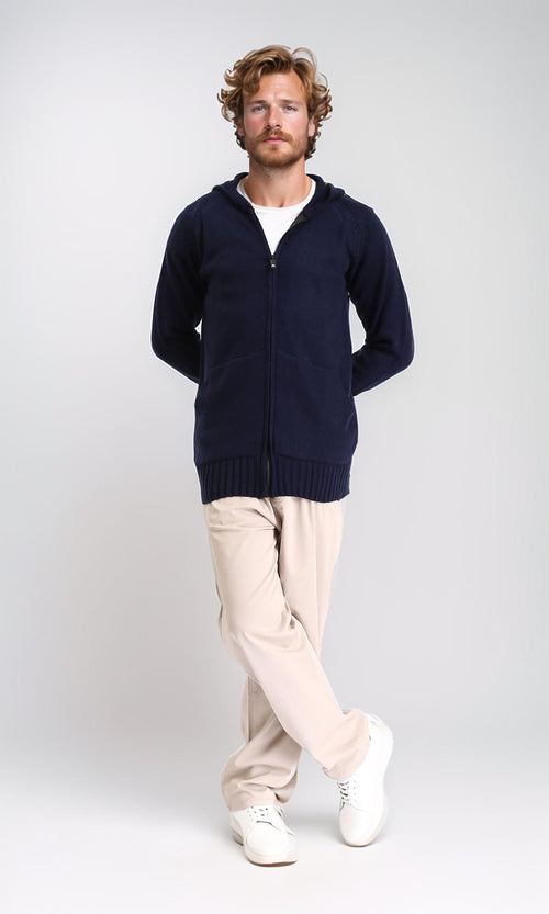 R211737 - Hooded Neck Full Zipper Knitted Sweater - Navy Blue