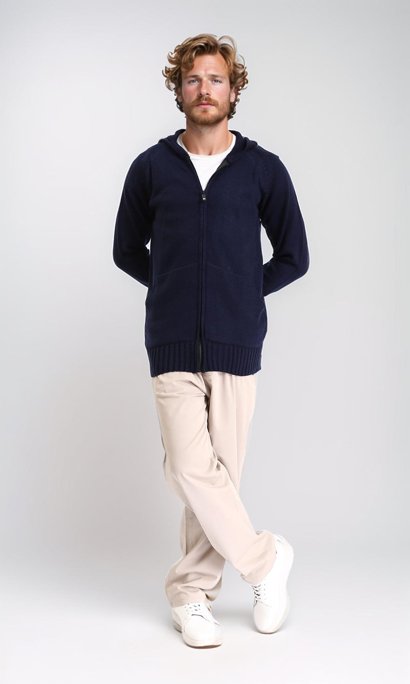 R211737 - Hooded Neck Full Zipper Knitted Sweater - Navy Blue