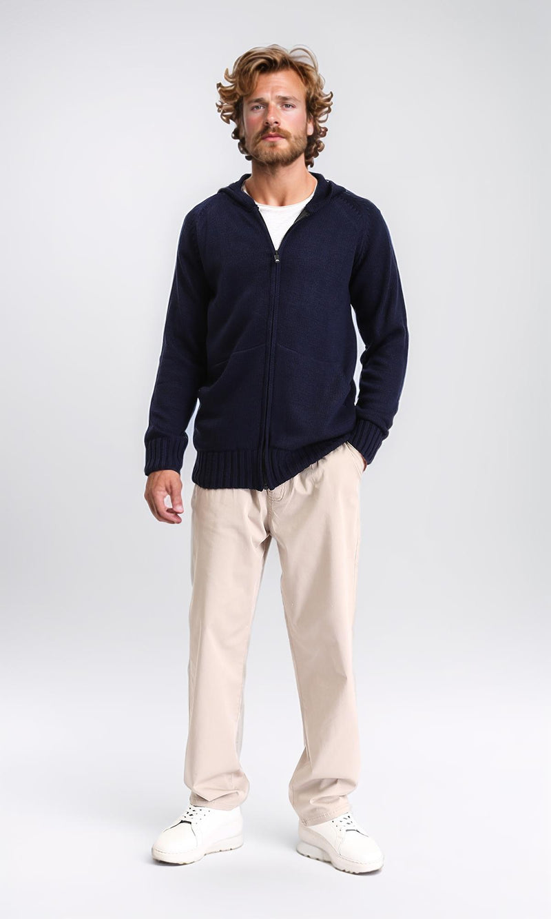R211737 - Hooded Neck Full Zipper Knitted Sweater - Navy Blue
