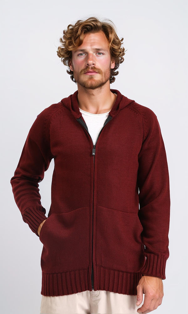 R211738 - Hooded Neck Full Zipper Knitted Sweater - Burgundy