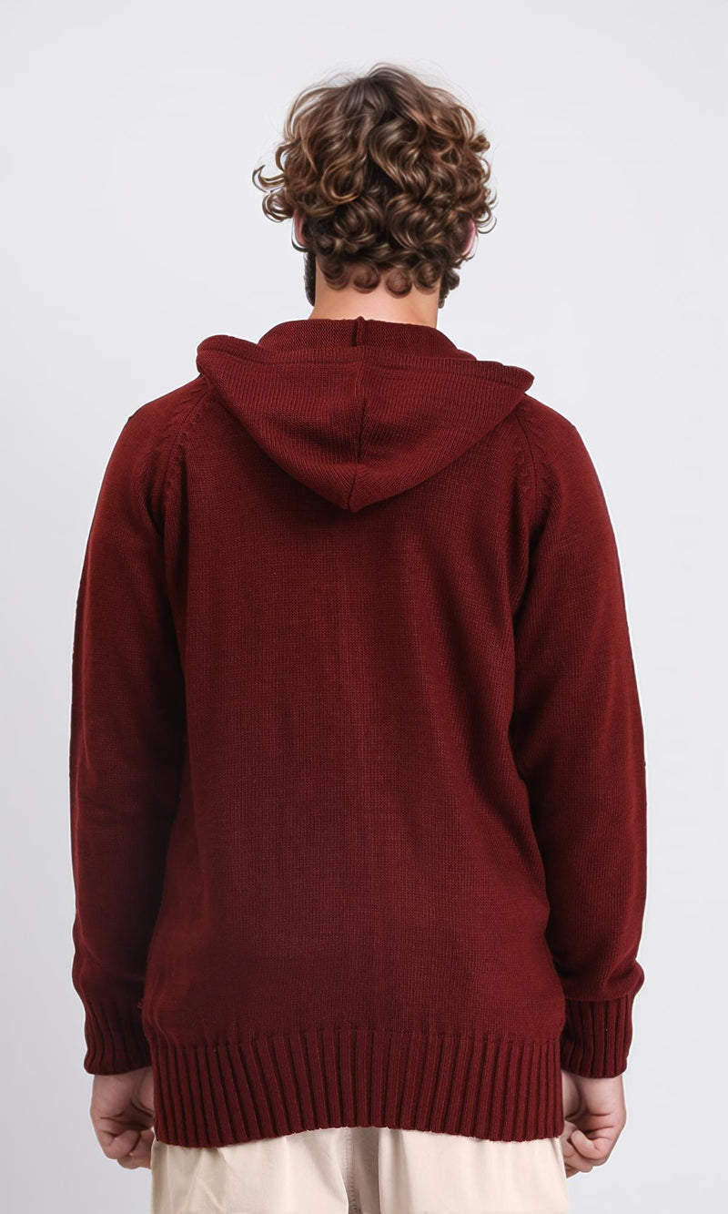 R211738 - Hooded Neck Full Zipper Knitted Sweater - Burgundy