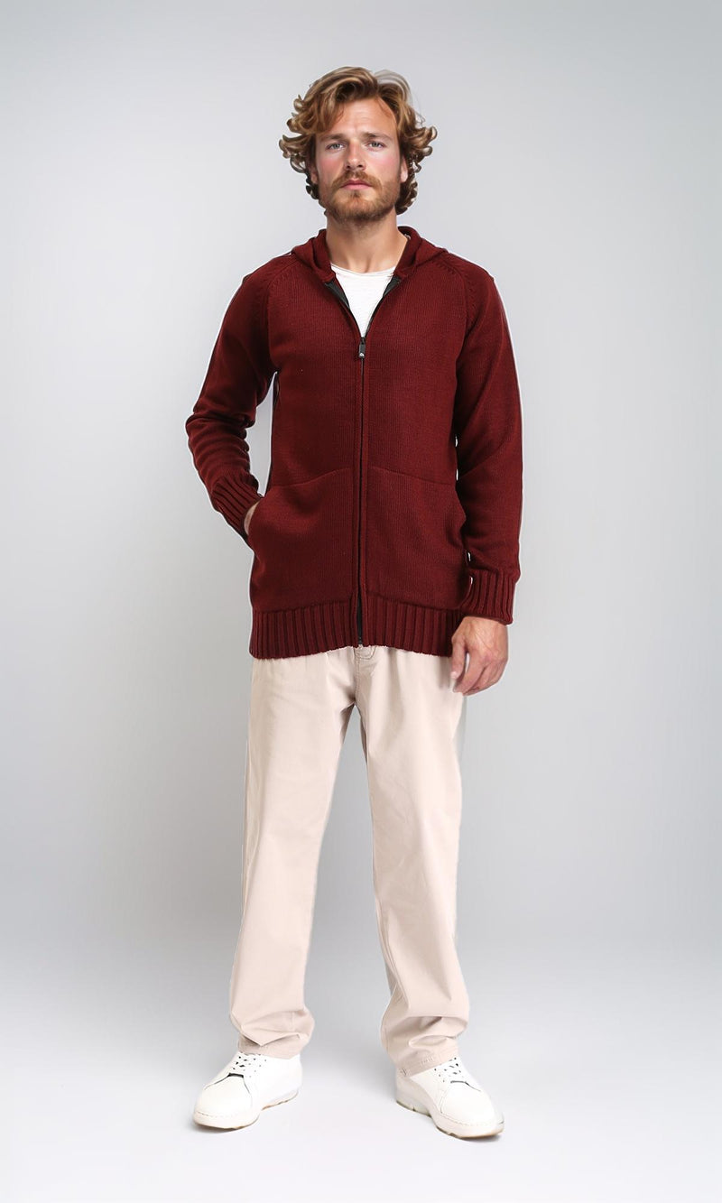 R211738 - Hooded Neck Full Zipper Knitted Sweater - Burgundy