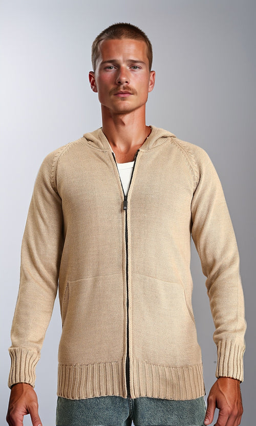 R211739 - Hooded Neck Zipped Long Sweater - Dark Beige