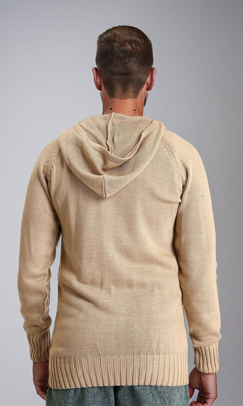 R211739 - Hooded Neck Zipped Long Sweater - Dark Beige