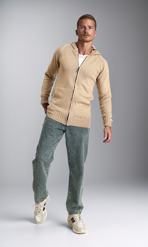 R211739 - Hooded Neck Zipped Long Sweater - Dark Beige