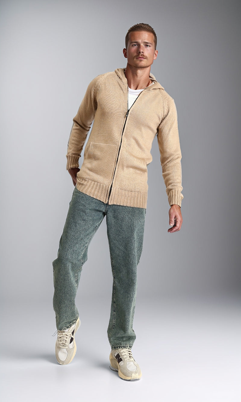 R211739 - Hooded Neck Zipped Long Sweater - Dark Beige