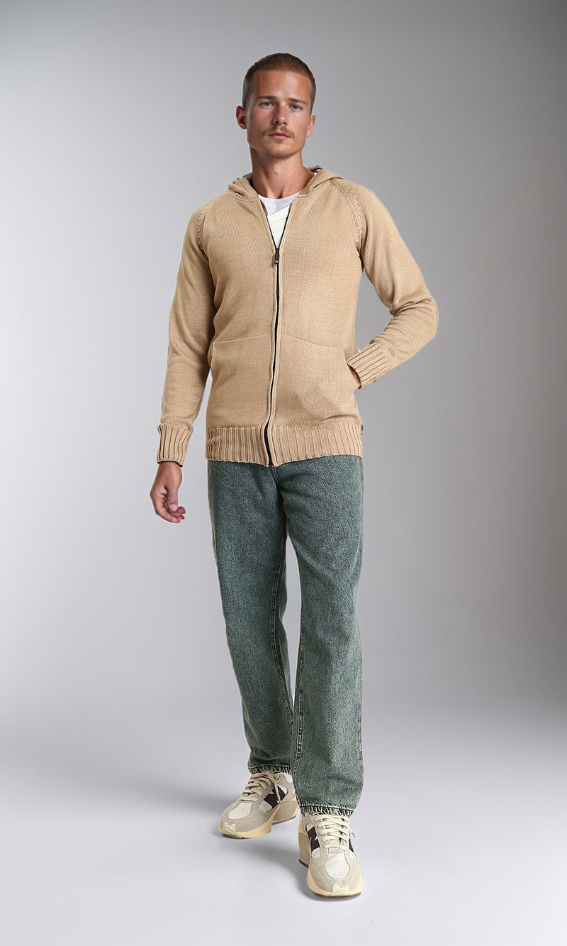 R211739 - Hooded Neck Zipped Long Sweater - Dark Beige
