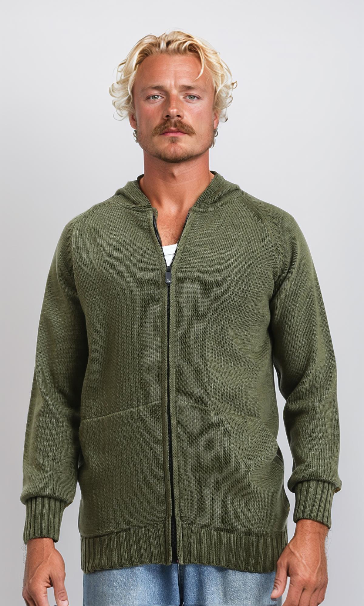 Hooded Neck Knitted Zipped Pullover - Dark Olive