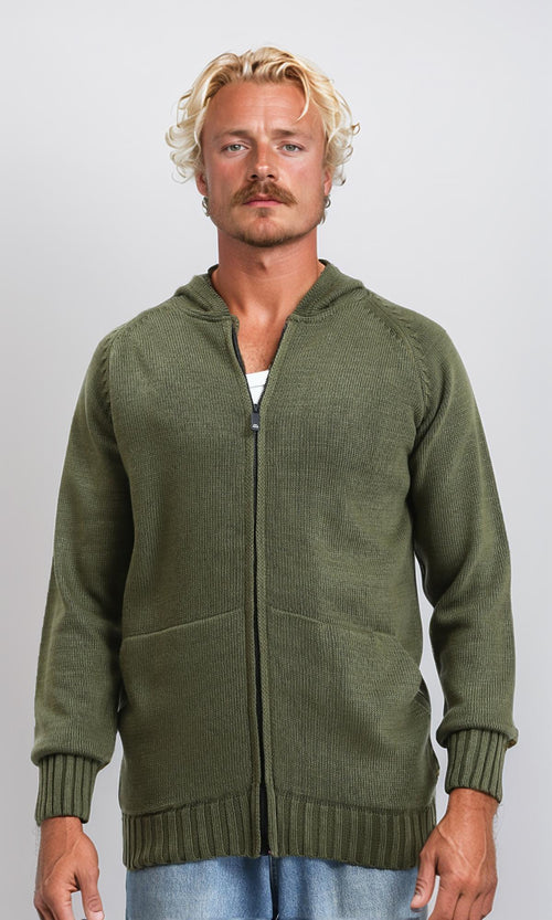 R211741 - Hooded Neck Knitted Zipped Pullover - Dark Olive