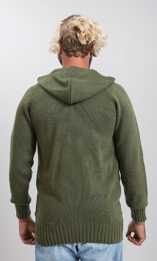 R211741 - Hooded Neck Knitted Zipped Pullover - Dark Olive