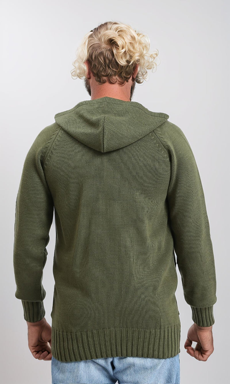 R211741 - Hooded Neck Knitted Zipped Pullover - Dark Olive
