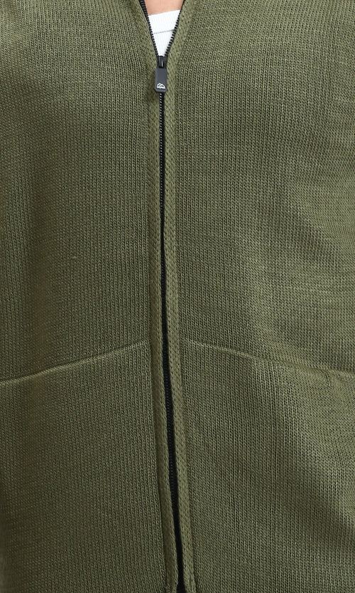 R211741 - Hooded Neck Knitted Zipped Pullover - Dark Olive