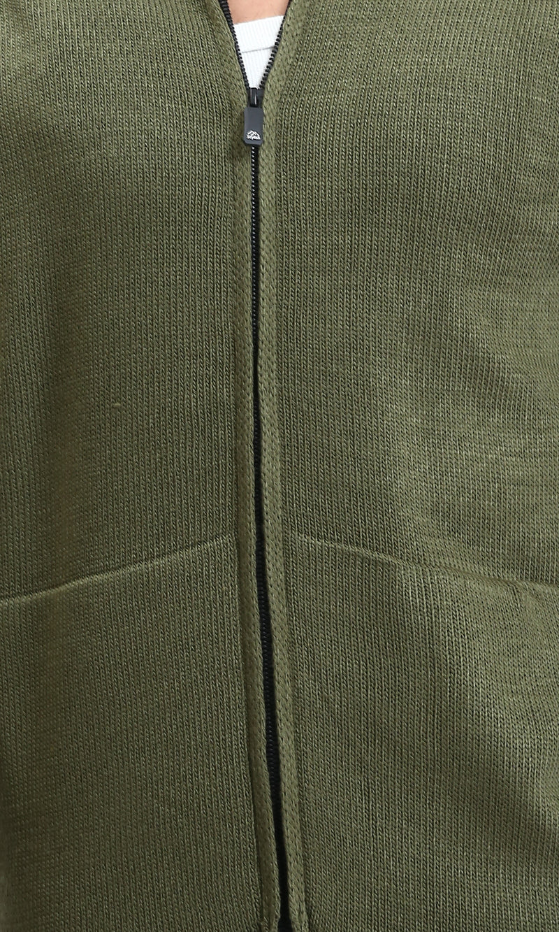 R211741 - Hooded Neck Knitted Zipped Pullover - Dark Olive