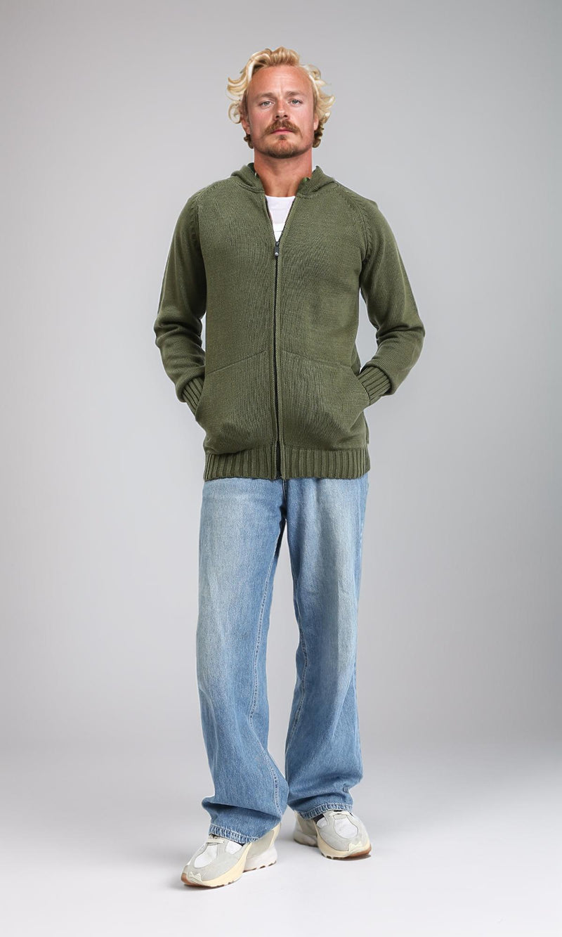 R211741 - Hooded Neck Knitted Zipped Pullover - Dark Olive