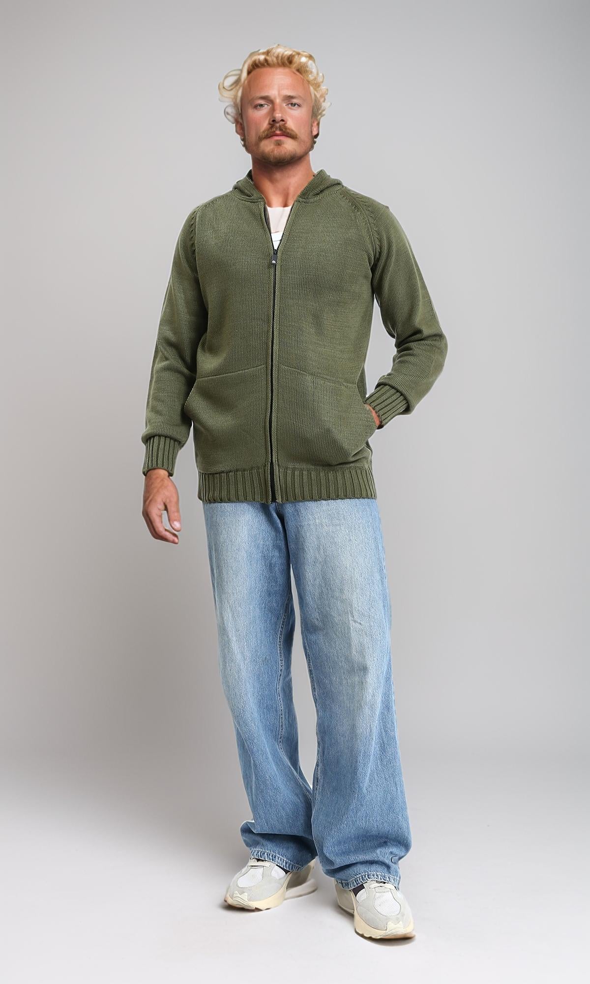 R211741 - Hooded Neck Knitted Zipped Pullover - Dark Olive
