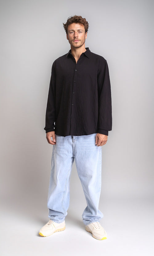 R211742 - Self Striped Long Sleeves Casual Shirt - Black