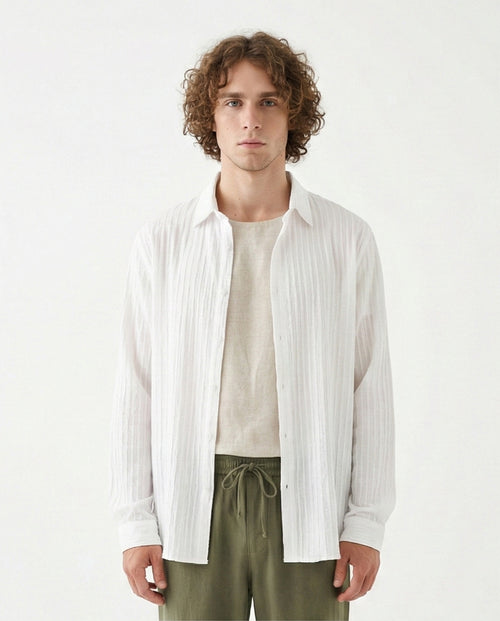 Self Striped Long Sleeves Casual Shirt - White