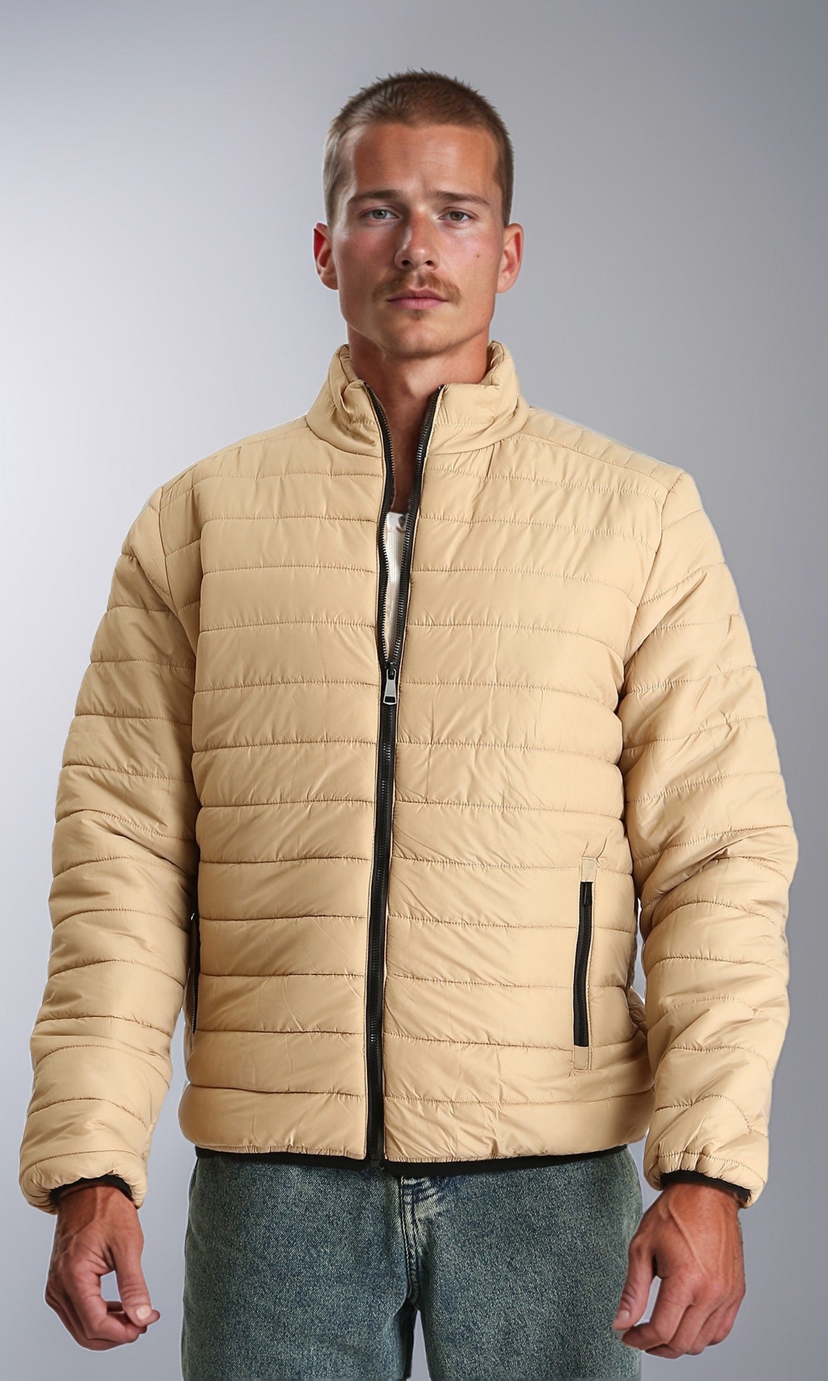Mock Neck Zipped Bomber Jacket - Beige