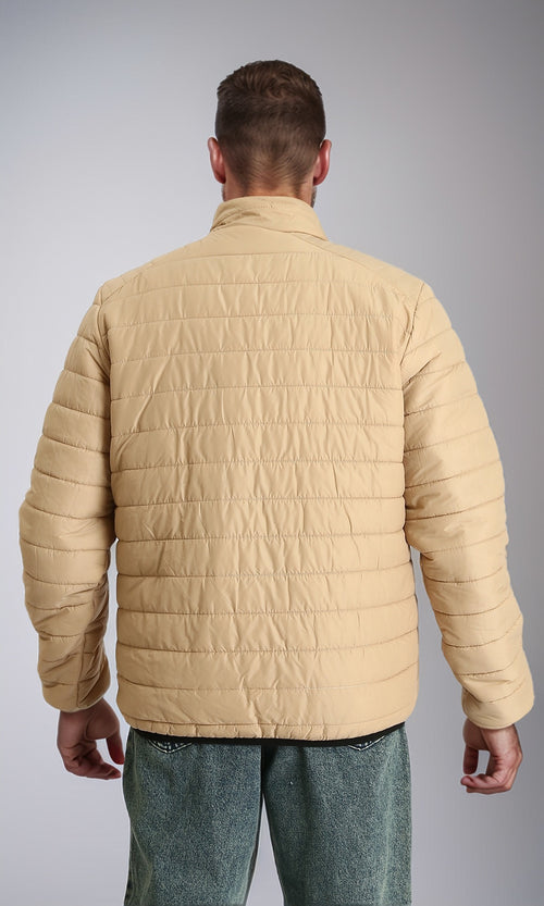 R211817 - Mock Neck Zipped Bomber Jacket - Beige