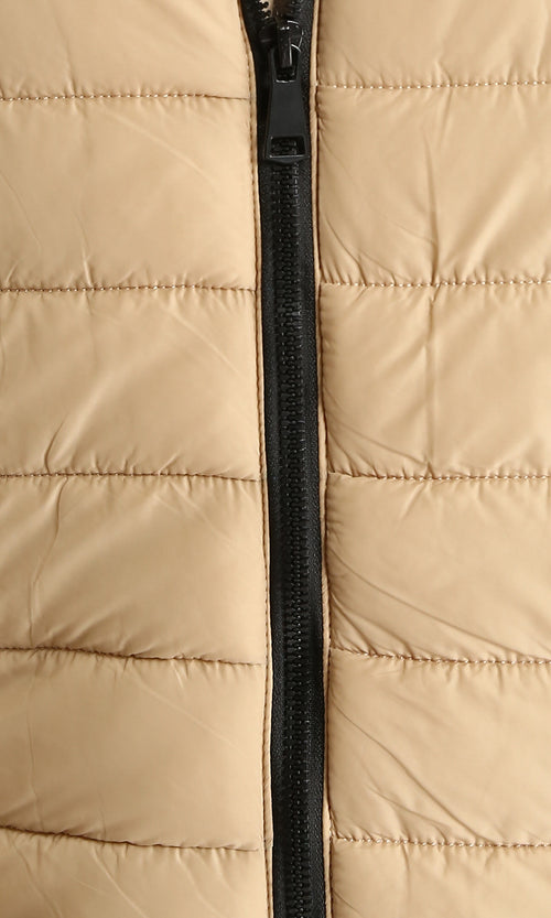 R211817 - Mock Neck Zipped Bomber Jacket - Beige