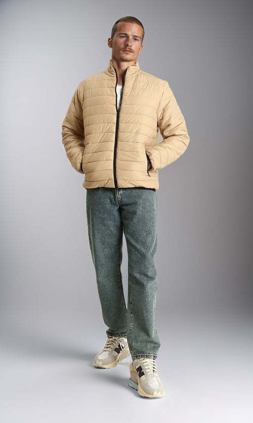 R211817 - Mock Neck Zipped Bomber Jacket - Beige