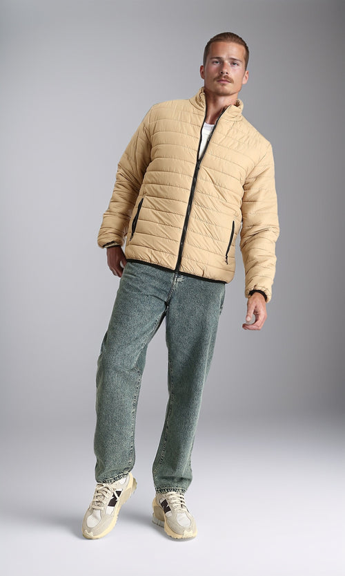 R211817 - Mock Neck Zipped Bomber Jacket - Beige
