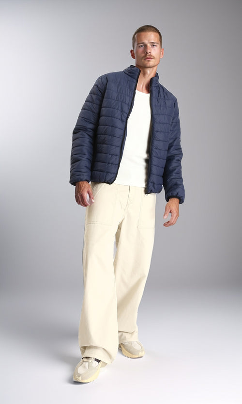 R211819 - Mock Neck Zipped Bomber Jacket - Navy Blue