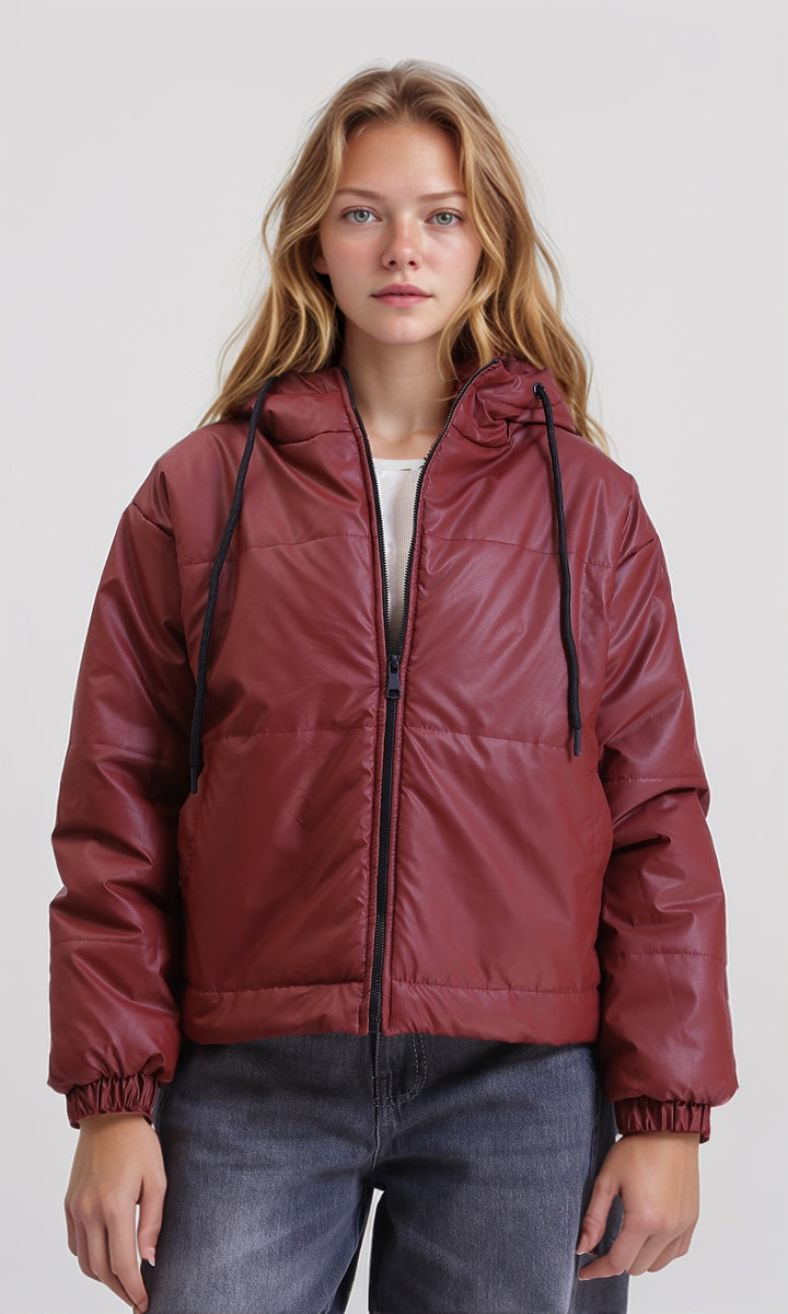 Long Sleeves Zipped Bomber Jacket - Burgundy