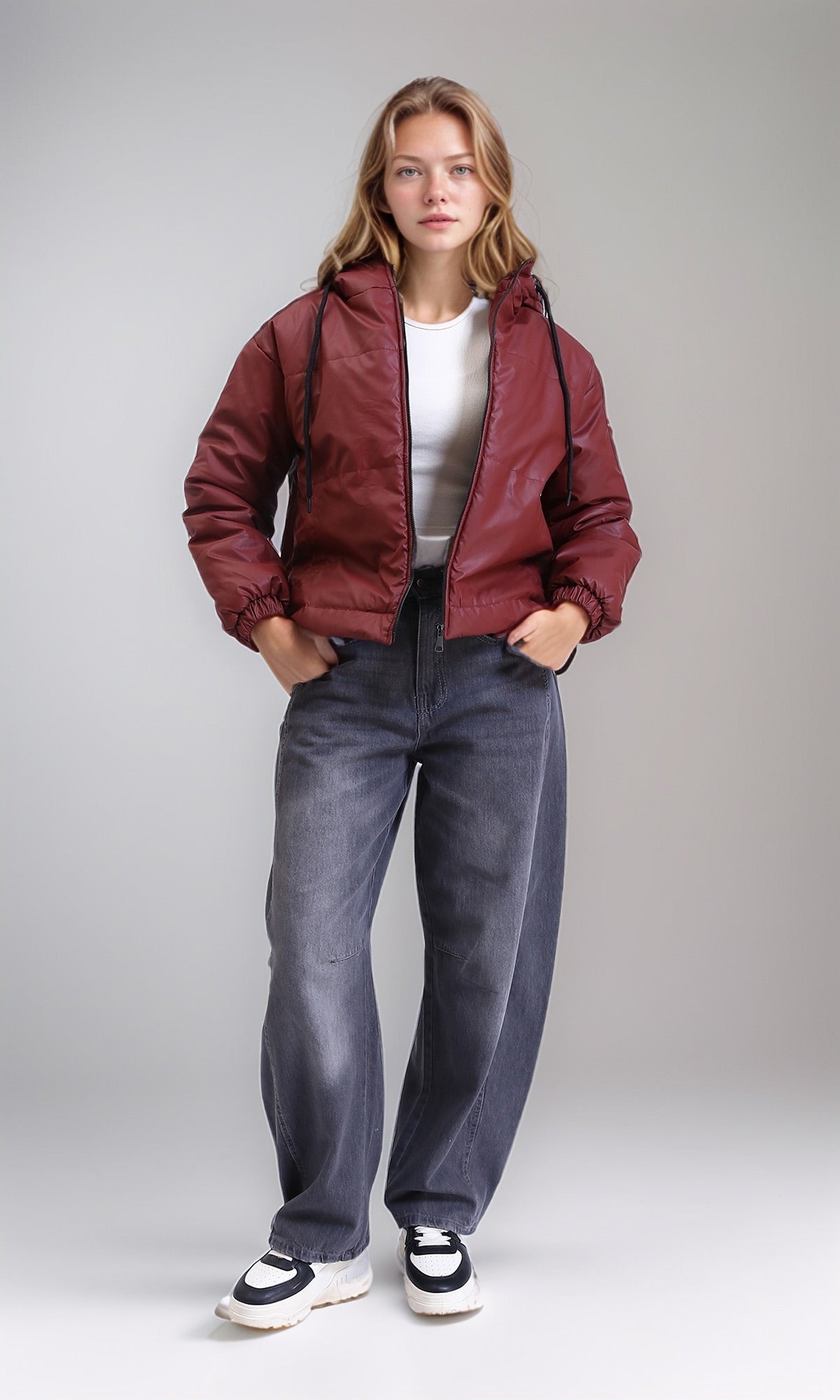 R211822 - Long Sleeves Zipped Bomber Jacket - Burgundy